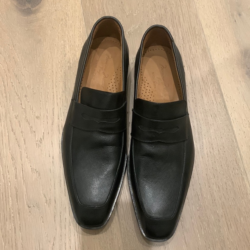 Black square toe leather loafers